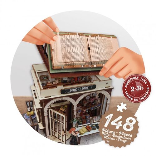 דיורמה: דגם עץ להרכבה חנות ספרים עם תאורת לד 148 חלקים