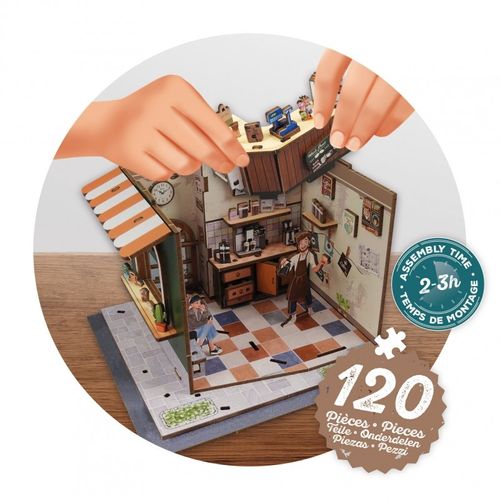 דיורמה: דגם עץ להרכבה בית קפה עם תאורת לד 120 חלקים