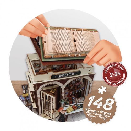דיורמה: דגם עץ להרכבה חנות ספרים עם תאורת לד 148 חלקים