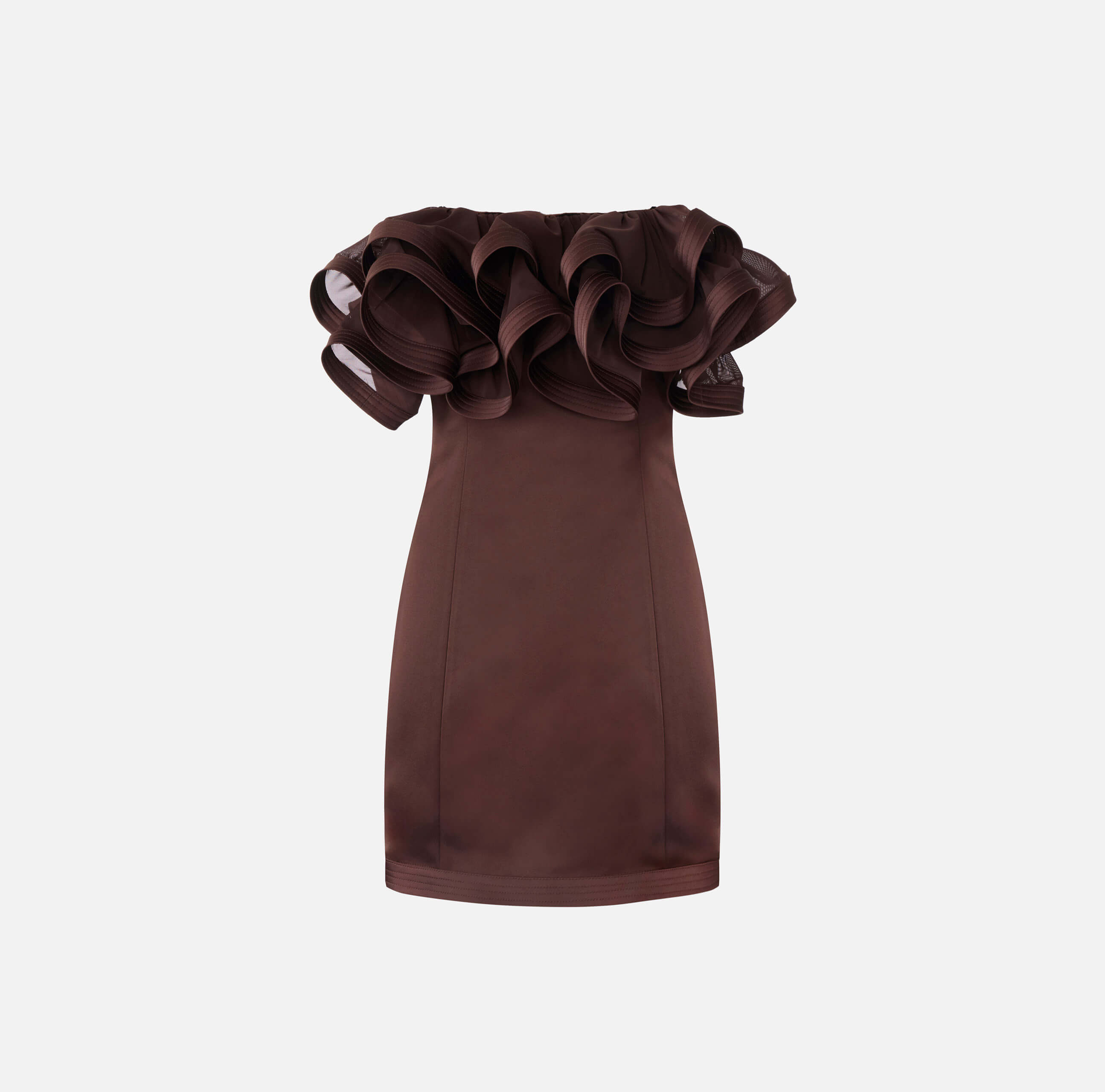 Mini dress in duchess satin with maxi ruffles