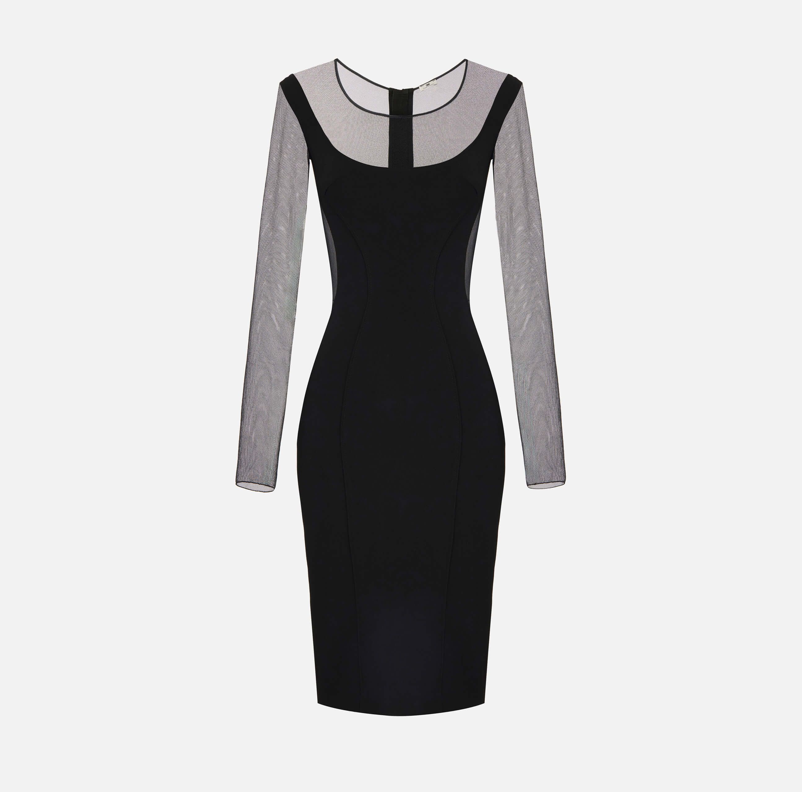 Dress in lightweight crêpe and tulle fabrics with cut-outs