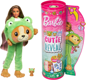בובת ברבי סדרת Cutie עם תחפושת כלבלב צפרדע פרוותית ו 10 הפתעות וחיית מחמד