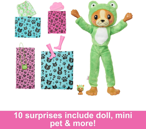 בובת ברבי סדרת Cutie עם תחפושת כלבלב צפרדע פרוותית ו 10 הפתעות וחיית מחמד
