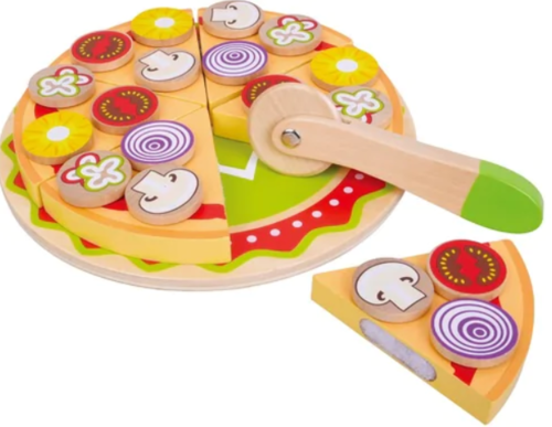 פיצה משפחתית מעץ עם תוספות וסכין חיתוך Pit Toys
