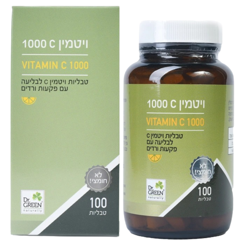ויטמין C | מינון 1000 | לא חומצי | עם פקעות ורדים | מכיל 100 טבליות |  דר. גרין | Dr. Green