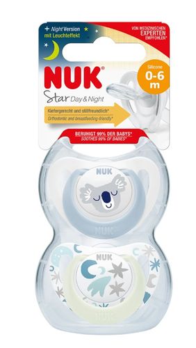 זוג מוצצי סטאר דיי&נייט-NUK Star Day&Night | סיליקון 0-6 חודשים | עם אפקט זוהר בחושך | ורוד לבן