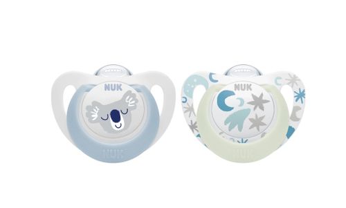 זוג מוצצי סטאר דיי&נייט-NUK Star Day&Night | סיליקון 0-6 חודשים | עם אפקט זוהר בחושך | ורוד לבן