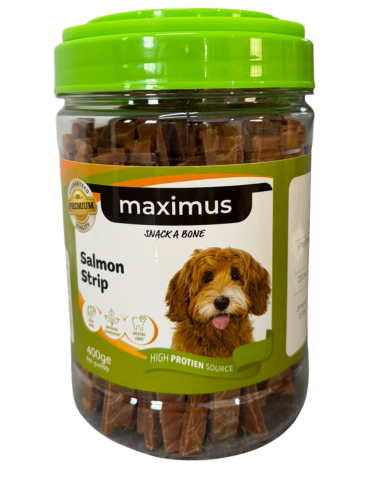 חטיף לכלב רצועות סלמון בצנצנת 400 גרם