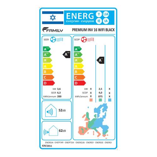 מזגן עילי Family Premium Black inverter WiFi 16 12,284Btu
