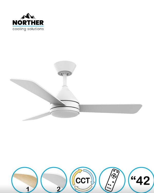 מאוורר תקרה 42" YOUNG + שלט ולד 24W CCT לבן+עץ NORTHER
