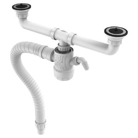 סיפון לכיור כפול 2″ עם כניסה למדיח ונטילים וצינור גמיש