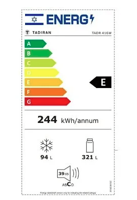 מקרר מקפיא עליון 415 ליטר לבן פיקוד שבת TADR 416W תדיראן TADIRAN