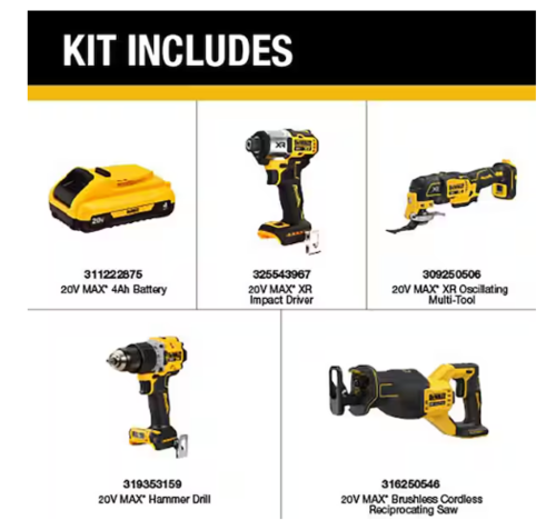 סט כלים נטען מקצועי 20V מברגה+מקדחה+מולטיטול+מסור חרב+2 סוללות 4Ah ומטען+תיק DEWALT