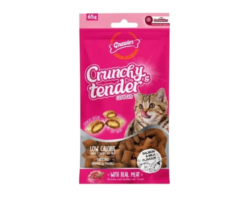 GNAWLERS קראנצ'י&טנדר חטיף לחתול בטעם סלמון וחלב 65 גרם
