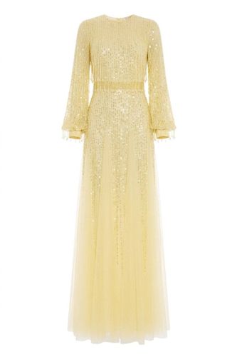 Red Carpet dress in georgette fabric with sequins fringes YELLOW COLOR
