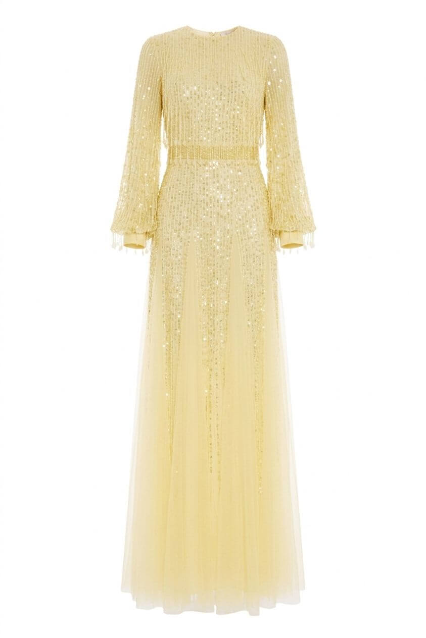 Red Carpet dress in georgette fabric with sequins fringes YELLOW COLOR