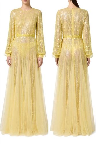 Red Carpet dress in georgette fabric with sequins fringes YELLOW COLOR