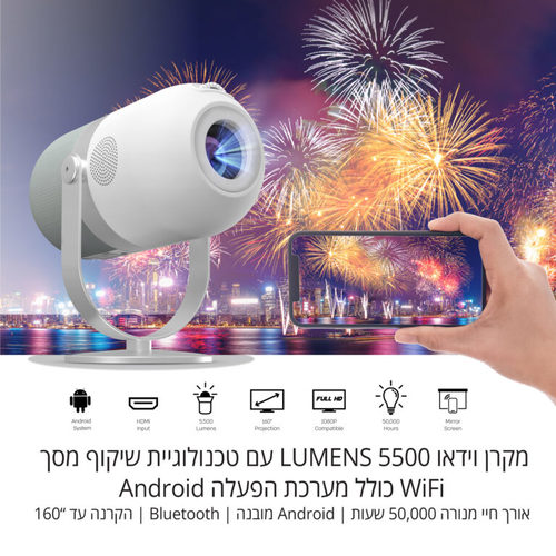 מקרן LED 5500 LUMENS,עם אנדרואיד עד 