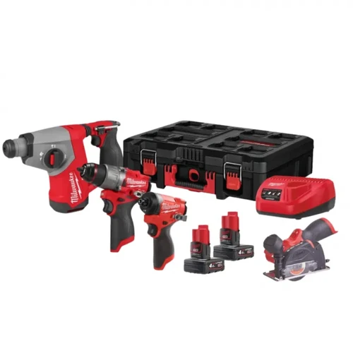 סט דבלין 12V מברגה + מקדחה + פטישון + משחזת מיני + 2 סוללות 4AH + מטען במזוודה M12 FUEL PACKOUT