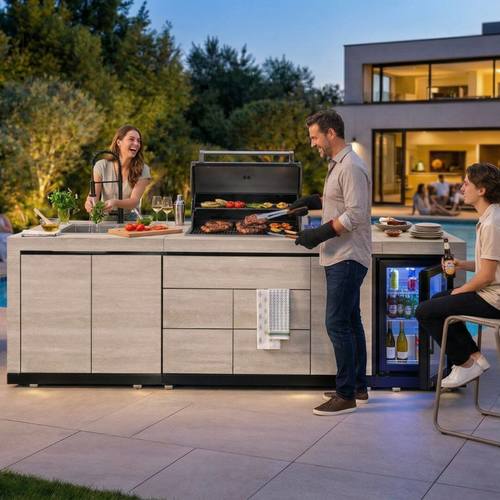 מטבח חוץ יוקרתי בציפוי אבן סינטרטית שיש דגם קולורדו עם גריל מובנה