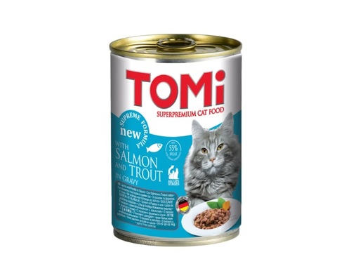 TOMI שימורים לחתול בטעם סלמון ופורל ברוטב 400 גרם