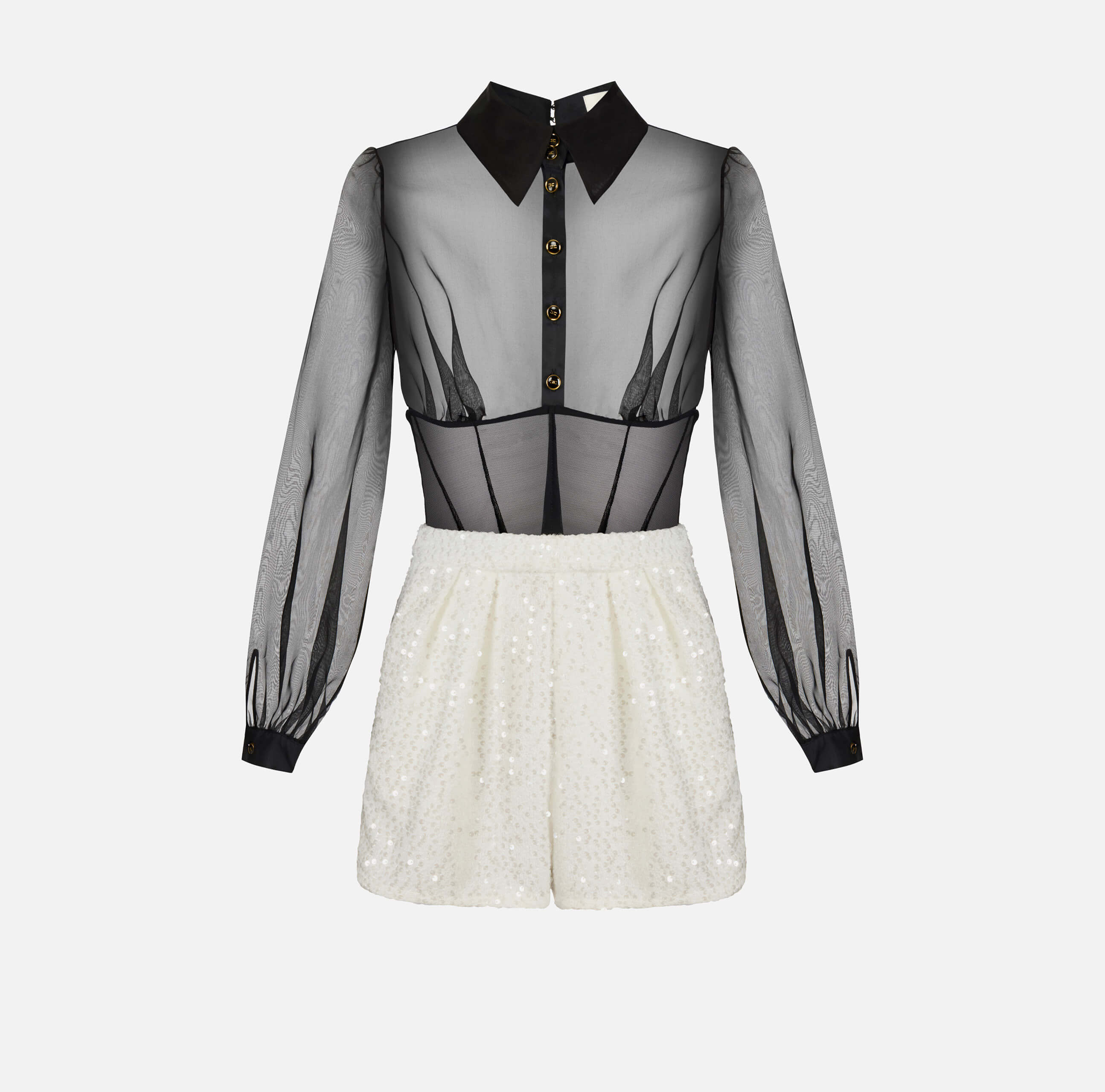 Romper suit in organza and bouclé tweed fabrics