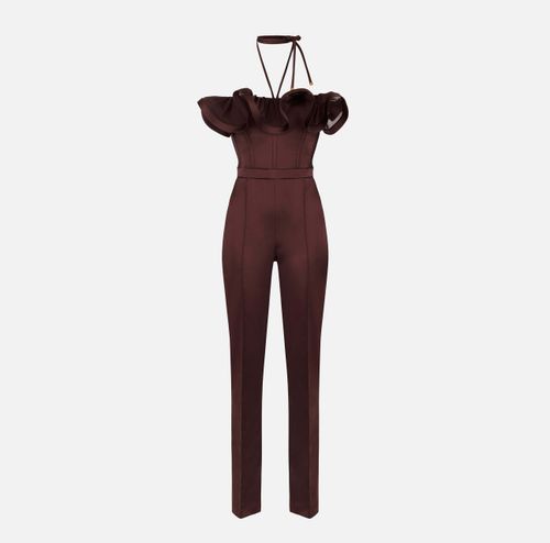 Stretch satin jumpsuit with maxi ruffle