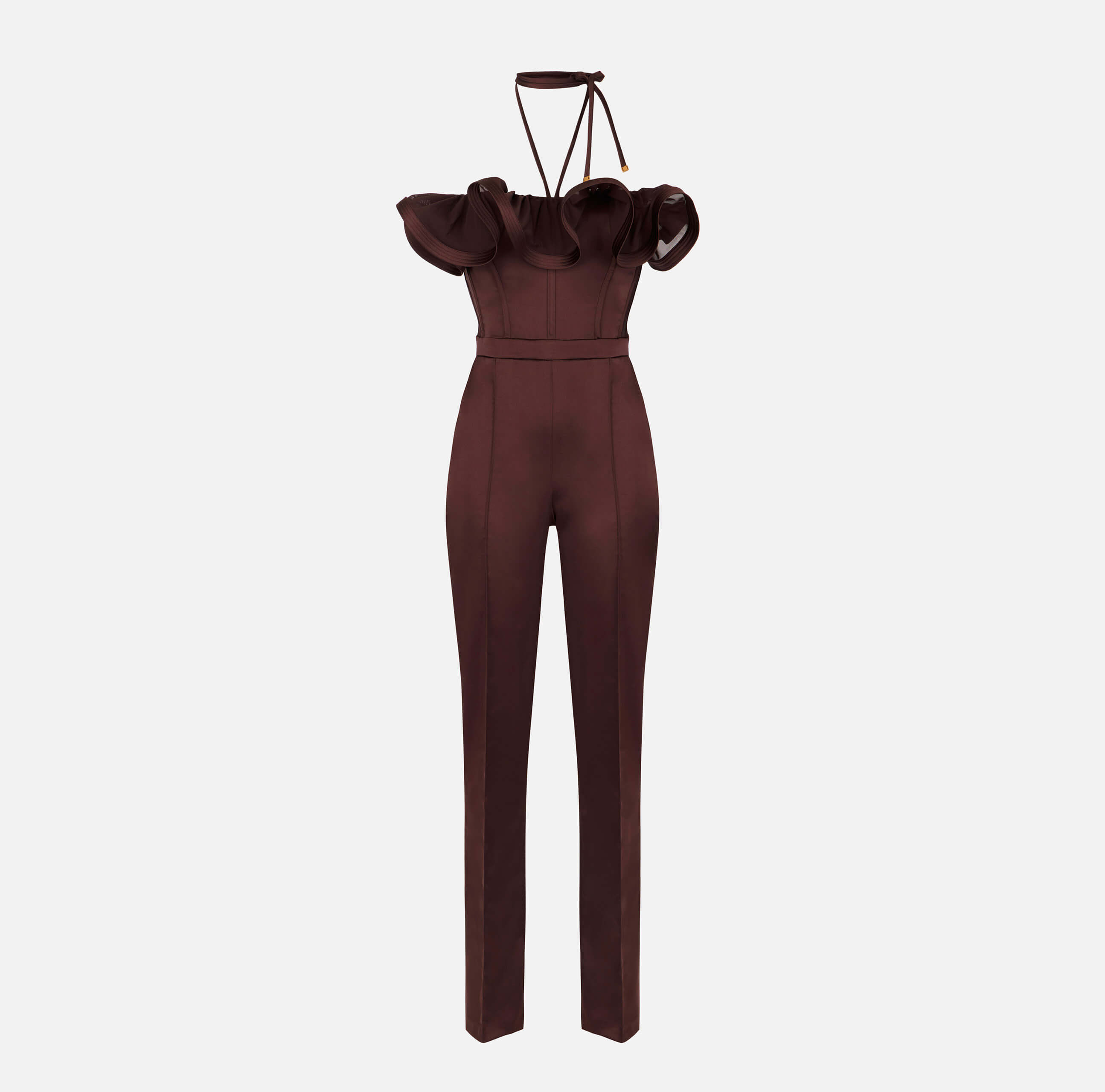 Stretch satin jumpsuit with maxi ruffle