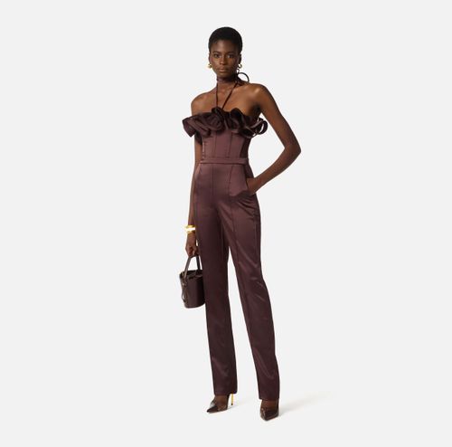 Stretch satin jumpsuit with maxi ruffle