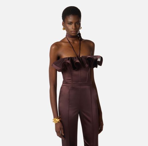 Stretch satin jumpsuit with maxi ruffle