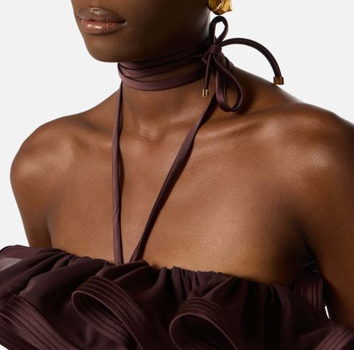 Stretch satin jumpsuit with maxi ruffle