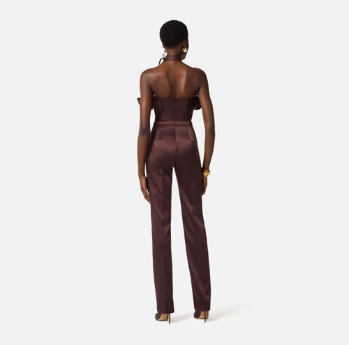 Stretch satin jumpsuit with maxi ruffle