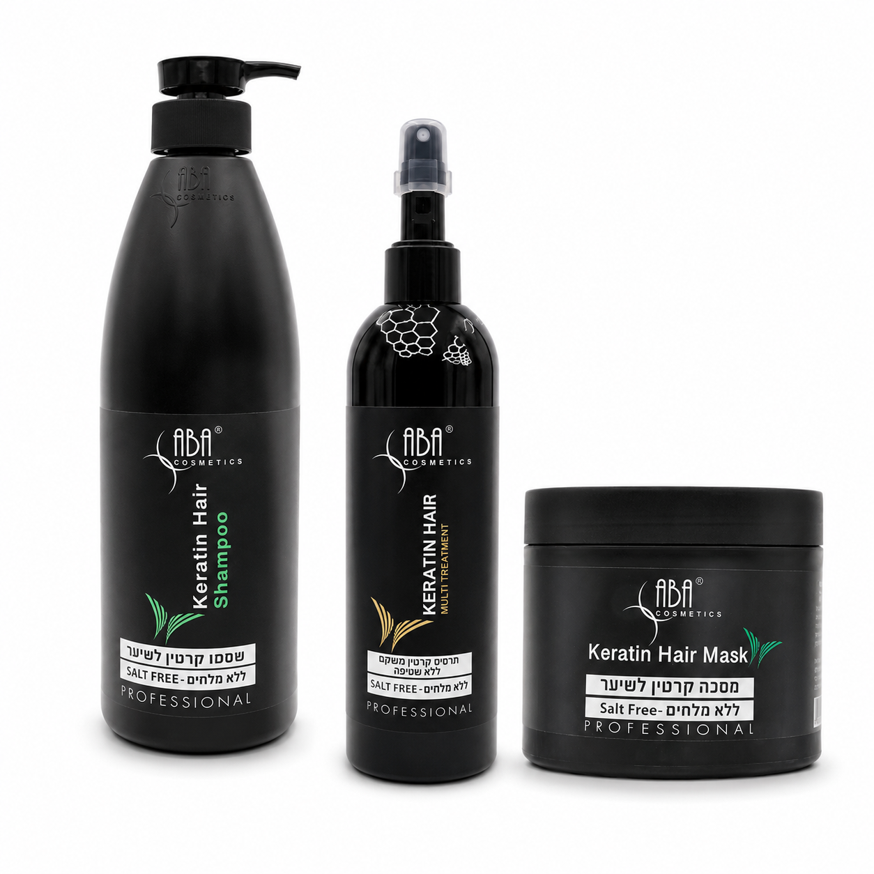 סט טיפוח קרטין ABA Cosmetics ללא מלחים – שמפו, ספריי טיפולי ומסכת קרטין לשיער