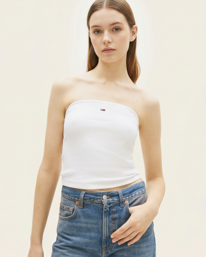 סטרפלס TOMMY JEANS מידות XS-XL לנשים בגוון לבן