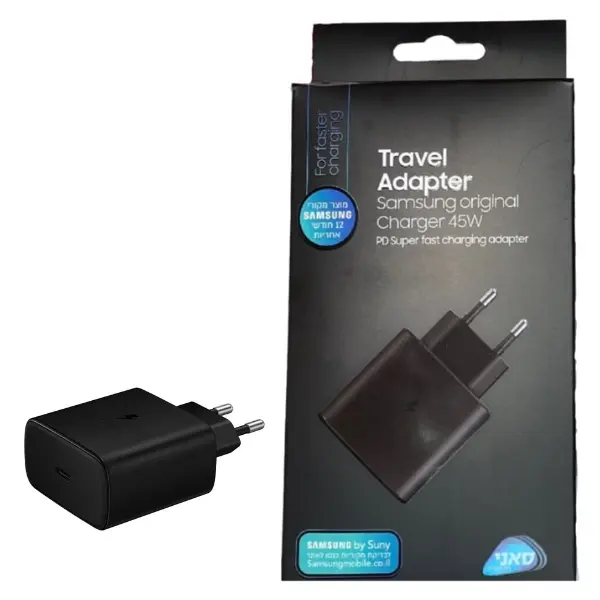 ראש מטען קיר מהיר במיוחד 45W מבית Samsung עם חיבור Type-C בצבע שחור יבואן רשמי