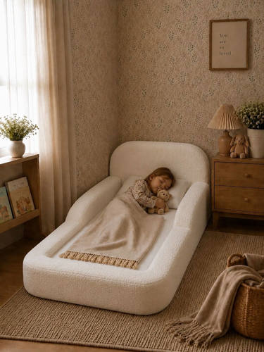 מיטת מעבר ספוג מונטסורית דגם Lucy מבד טדי בצבע Cotton White מאמו