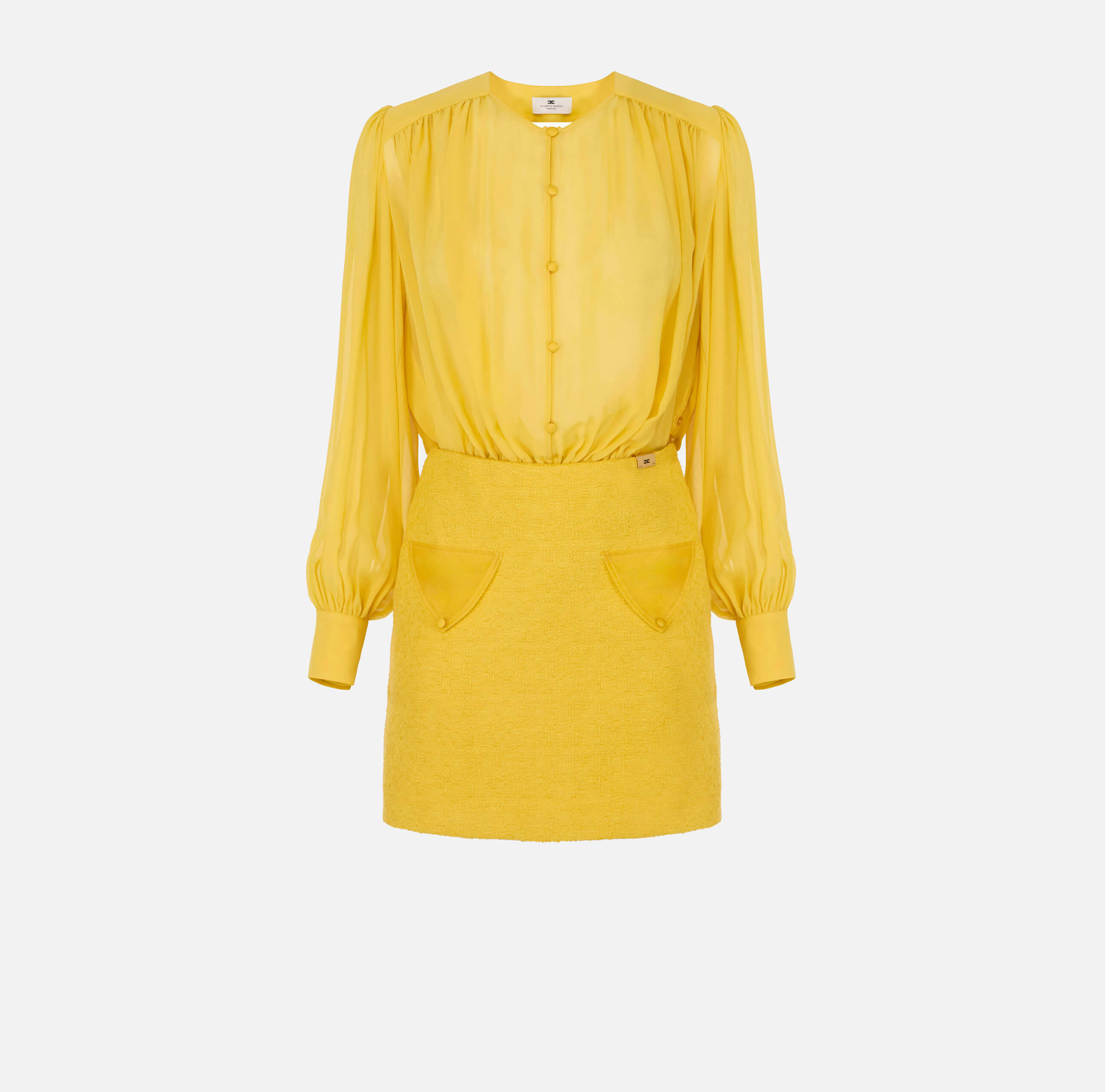 Dress in georgette and bouclé tweed fabrics