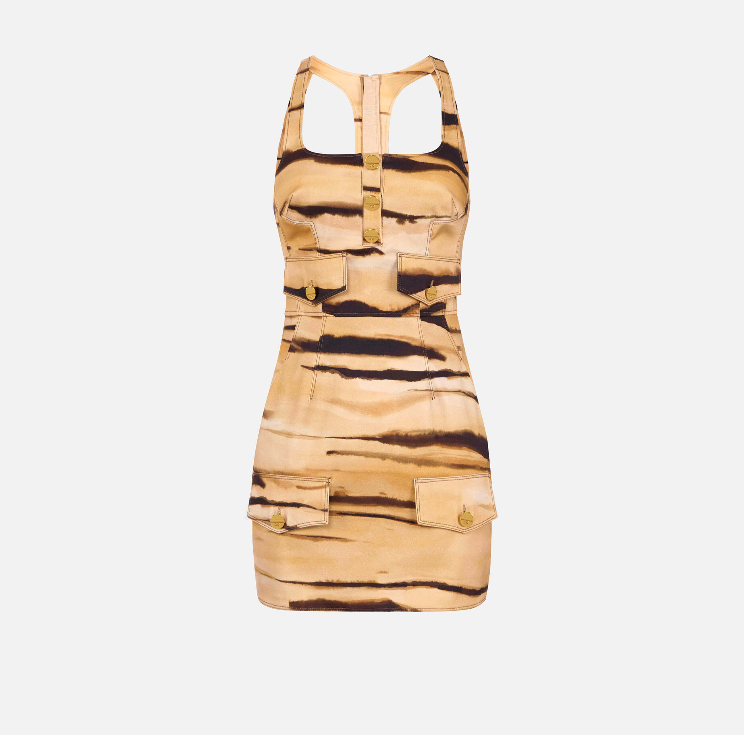 Drill mini dress with tiger print