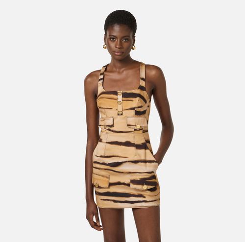Drill mini dress with tiger print