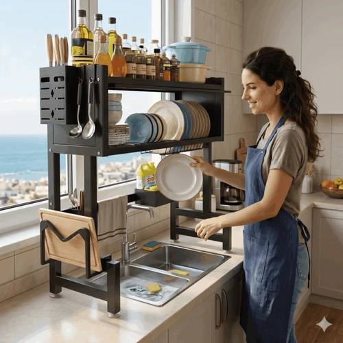 מתקן ייבוש כלים ואחסון מעל הכיור עם דלת הגנה | צבע שחור