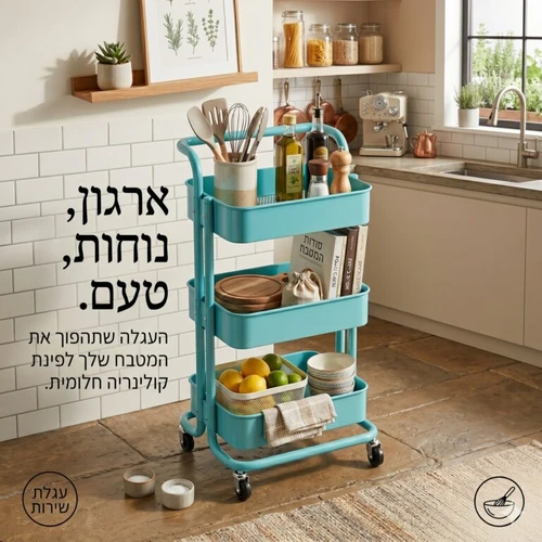 עגלת שירות וארגון רב-תכליתית 3 קומות עם גלגלים | SmartRack 360 - צבע טורקיז
