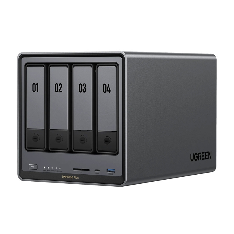 UGREEN 4 BAY 8Gup to 64GDDR5 SupportSATA 22T*4+M.2 8T*2JBOD/BASIC/RAID0/1/5/6/102.5GbE*110GbE*12* USB2.01*USB 3.2Gen11* USB 3.2Gen21*TypeC 3.2Gen2HDMI 2.0 4KSD 3.0 DXP4800-PLUS