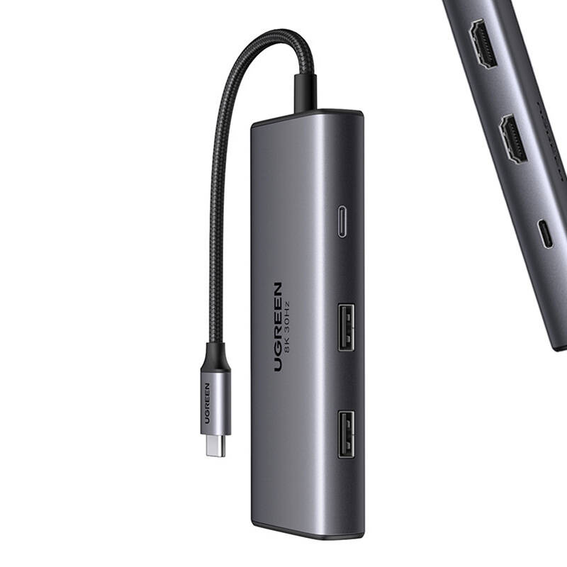 UGREEN תחנת עגינה 6 ב1 USB-C to 2*HDMI(8K@30Hz)+2*USB-A3.0+USB-C3.0+PD(100W) CM498-15852