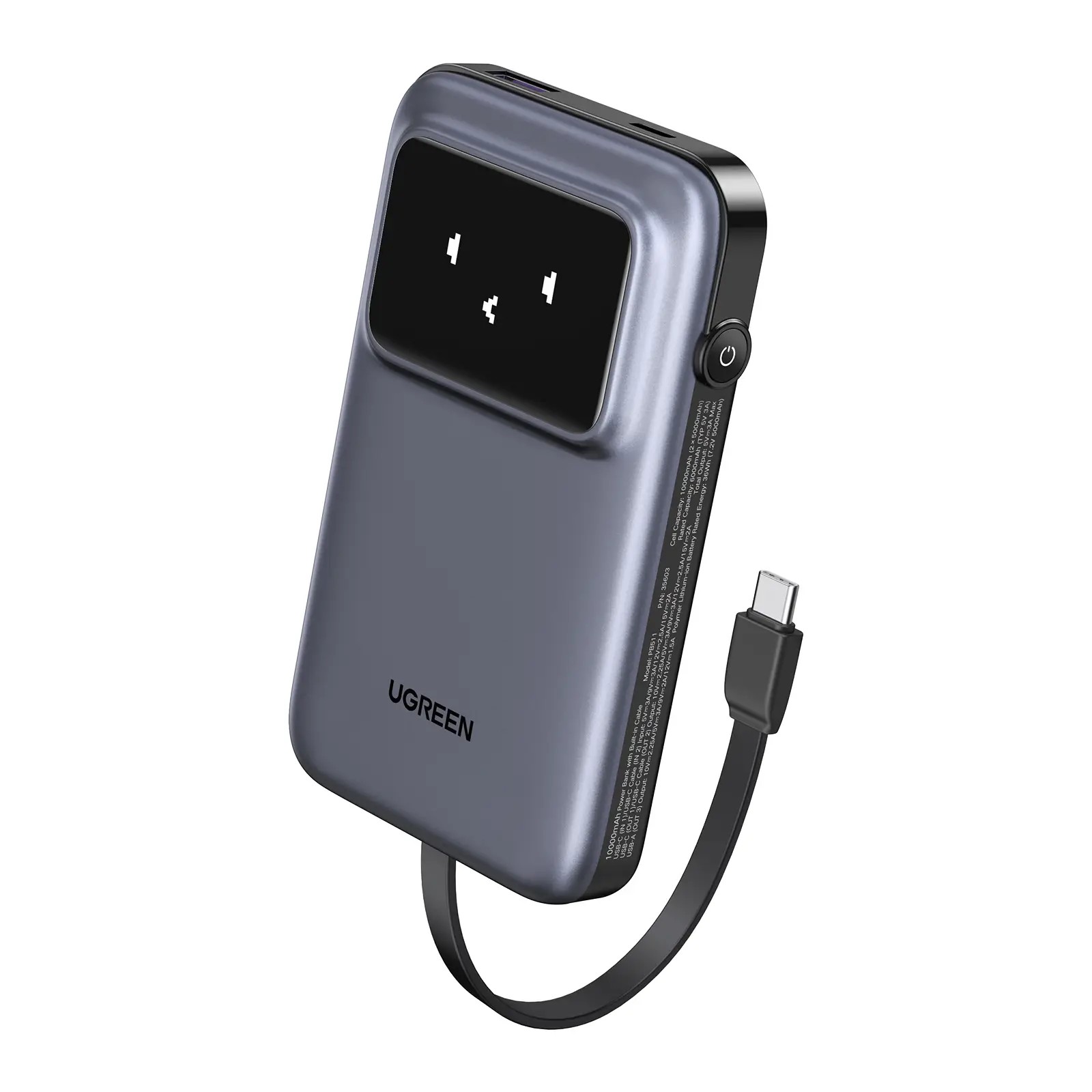 UGREEN סוללת גיבוי UNO 10000mAh Quick Charging Robot 30W Power Bank Build-in USB-C Cable אפור PB511-35603B