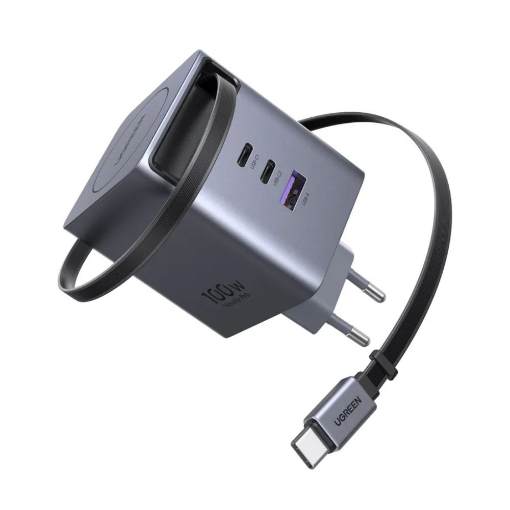 UGREEN מטען Nexode Pro 100W 3C1A GaN with retractable cable אפור X616-65828