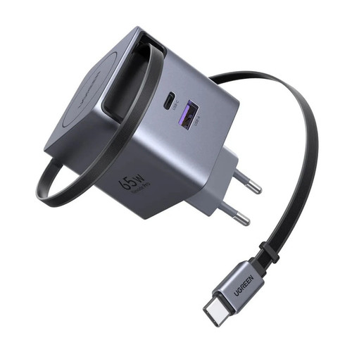 UGREEN מטען Nexode Pro 65W 2C1A GaN with retractable cable אפור X615-65825
