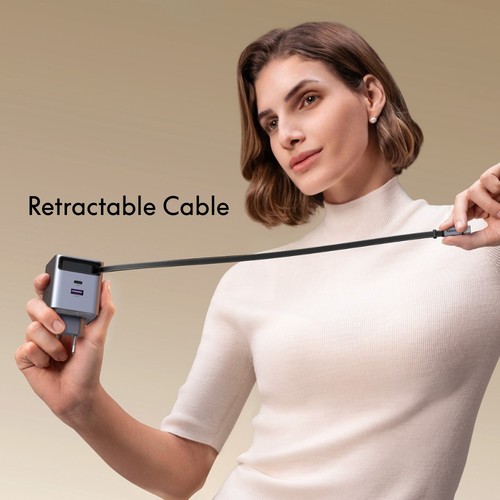 UGREEN מטען Nexode Pro 65W 2C1A GaN with retractable cable אפור X615-65825