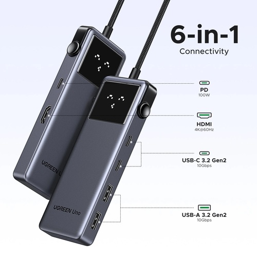 UGREEN מולטיפורט Uno USB-C To HDMI+2*USB 3.2 A+2*USB 3.2 C+PD PC אפור CM888-35998