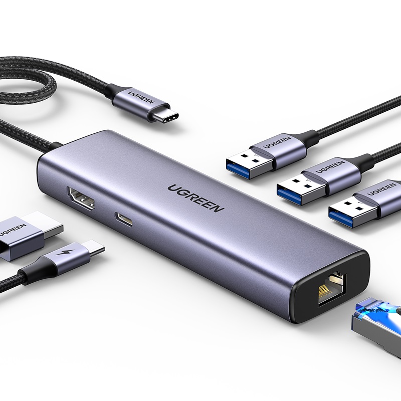מולטיפורט UGREEN REVODOK 1061 6 IN 1 USB-C To 3*USB 3.0 A+HDMI+RJ45+PD Converter אפור CM512-15598