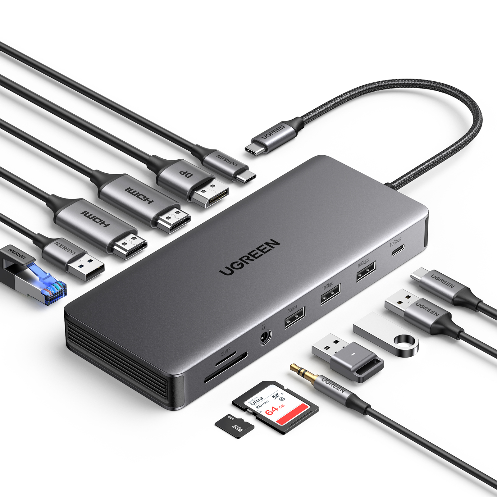 מולטיפורט UGREEN REVODOK PRO 313 13 IN 1 USB-C to 2*USB-A 3.2+2*USB-A 3.0+1*USB-C 3.2+2*HDMI+DP+RJ45 Gigabit+SD&TF +3.5mm+PD port Converter שחור CM681-15978